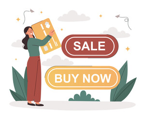 Shopping sale concept. Woman with card stands next to two large inscriptions. Promotions and special offers, discounts and bonuses. Loyalty program and cashback. Cartoon flat vector illustration