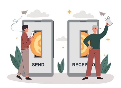 Sending money concept. Man sends coin to his friend through screen of smartphone. Contactless payment and electronic transactions and transfers. Online shopping. Cartoon flat vector illustration