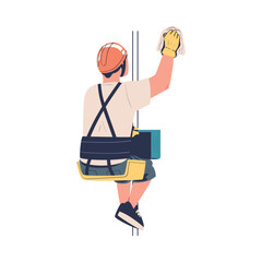 Man Working at Height Wiping Window Suspended on Rope and Hanging with Harness Engaged in Industrial Climbing Vector Illustration