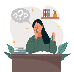 Student prepare to exam. Woman doing homework, answering questions. Distance learning, training and education. Knowledge and information. Poster or banner for website. Cartoon flat vector illustration