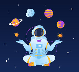Astronaut meditate concept. Character sits in lotus position with planets in his hands. Galaxies and universes. Astronomy and astrology. Space and cosmos, science. Cartoon flat vector illustration