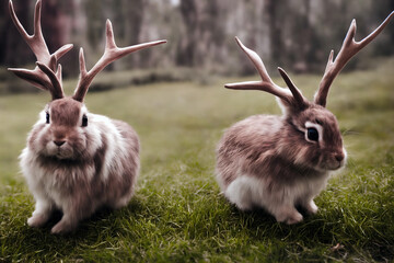 Photo of a Jackalope - A bunny rabbit with antlers, cross between jackrabbit and antelope - obrazy, fototapety, plakaty