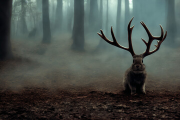 Photo of a Jackalope - A bunny rabbit with antlers, cross between jackrabbit and antelope - obrazy, fototapety, plakaty