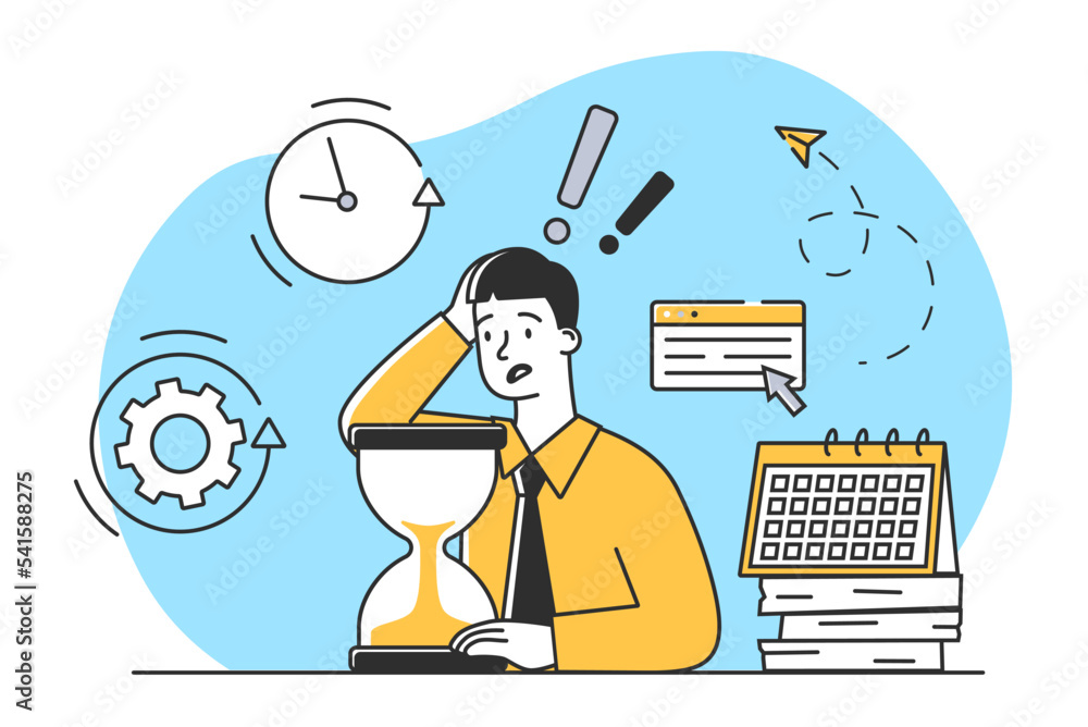 Aufkleber deadline at work. man in panic tries to have time to complete tasks. poor time management and ineffi