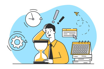 Deadline at work. Man in panic tries to have time to complete tasks. Poor time management and inefficient workflow. Pressure and stress. Psychological problems. Cartoon flat vector illustration