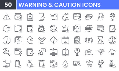 Warning and Caution vector line icon set. Contains linear outline icons like Warn, Alert, Attention, Error, Important, Problem, Exclamation, Information, Notification. Editable use and stroke