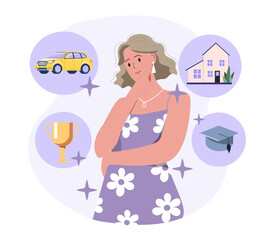 Woman with dreams. Young girl wants to finish her studies, get award and earn money for car and house. List of social and economic needs of adult. Poster or banner. Cartoon flat vector illustration