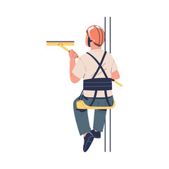Man Working at Height with Squeegee Suspended on Rope and Hanging with Harness Engaged in Industrial Climbing Vector Illustration
