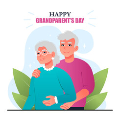 Happy grandparents day. Design for greeting postcard. Grandfather hugs grandmother, love and care, strong relationship and family. International holiday and festival. Cartoon flat vector illustration