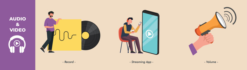 Happy boy with record, Streaming app and Volume icon. Audio and Video set concept. Colored flat graphic vector illustration isolated.