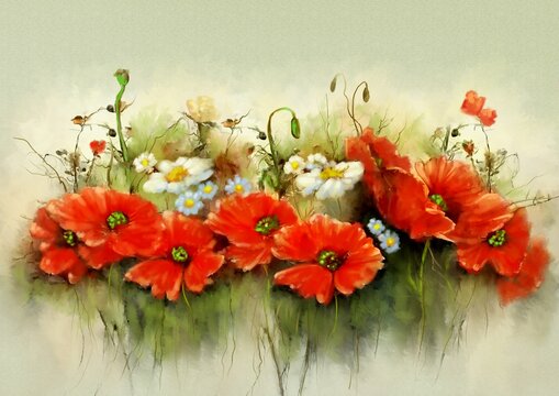 Watercolor paintings still life, fine art, artwork, poppies on the paper, poppies and flowers