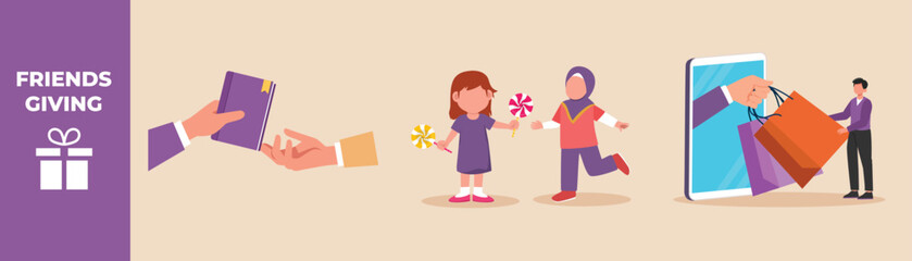 Happy hand giving books to other hand, happy girl giving candy to her friend and happy boy gets package by smartphone. Friends giving set concept. Flat vector illustrations isolated. 