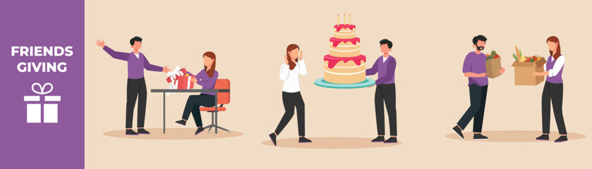 Happy man giving box package, cakes and vegetable to his wife. Friends giving set concept. Flat vector illustrations isolated. 