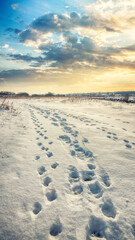 Fototapeta na wymiar Footprints on fresh snow on a pathway in winter during sunset time.