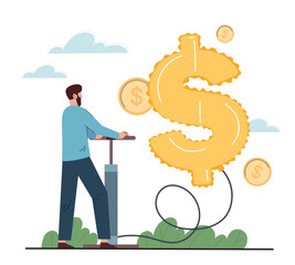 Money growth concept. Man inflates balloon in shape of dollar. Metaphor of financial literacy and passive income. Talented entrepreneur or investor. Poster or banner. Cartoon flat vector illustration