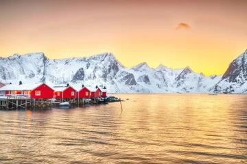 Poster Reinefjorden Traditional Norwegian red wooden houses (rorbuer) on the shore of  Reinefjorden near Hamnoy village at sunset.