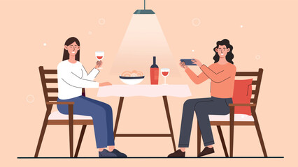 Food in restaurants. Women with wine and sweets sit at table. Luxurious vacation. Poster or banner for website. Young girls rest and relax after work or study. Cartoon flat vector illustration