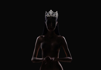 Silhouette body shape of Miss Pageant Beauty Contest with Diamond Crown. Elegance beautiful princess woman, winner on stage lighting smoke to show across universe, black background copy space