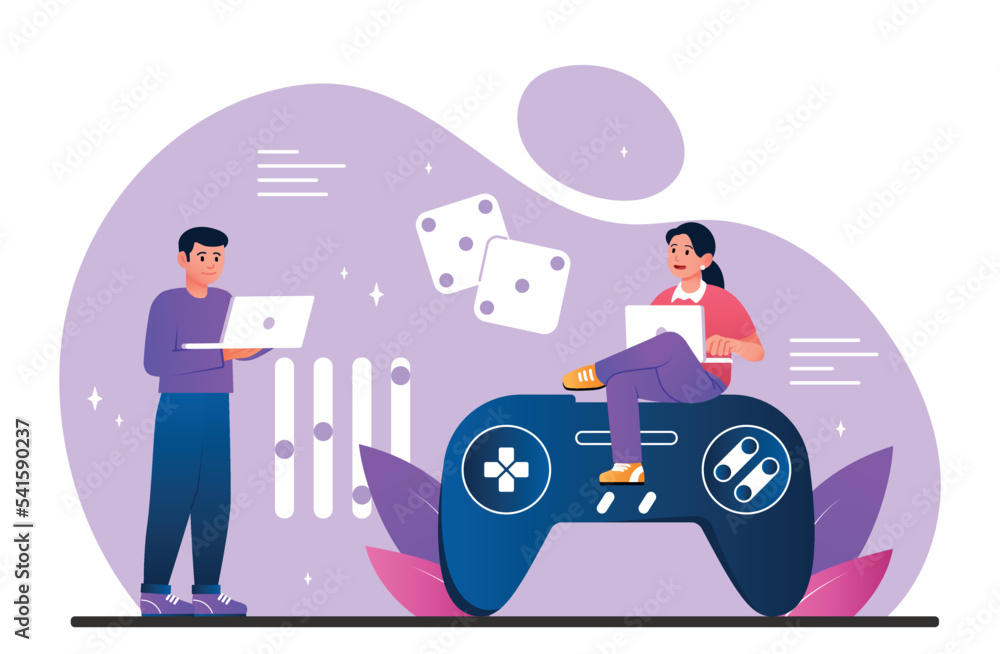 Poster video game development. man and woman with laptops near joystick or controller. programmers and it s