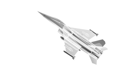 Silhouette X-ray illustration of a fighter plane against white background of white light. 3D CG. 3D illustration. PNG file format.