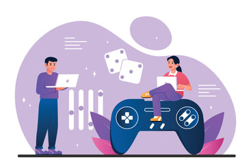 Video game development. Man and woman with laptops near joystick or controller. Programmers and IT specialists write code. Modern technologies and entertainment. Cartoon flat vector illustration