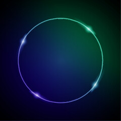 Neon Frame with Glow, and Sparkles. Electronic Luminous Circle Frame in Green and Blue Colors, for Entertainment Message or Promotion Theme on Dark Background