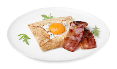 Delicious crepe with egg isolated on white. Breton galette