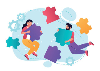 Teamwork with puzzle pieces. Metaphor of collaboration and cooperation. Partners and colleagues, creative personalities at work. Poster or banner for website. Cartoon flat vector illustration