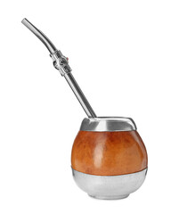 Calabash and bombilla with mate tea on white background
