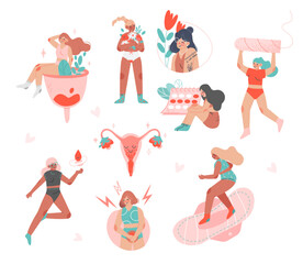 Period or Menstruation with Female and Menstrual Hygiene Accessory Vector Set
