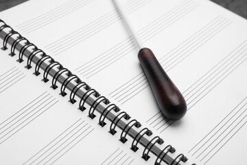 Conductor's baton on sheet music book, closeup