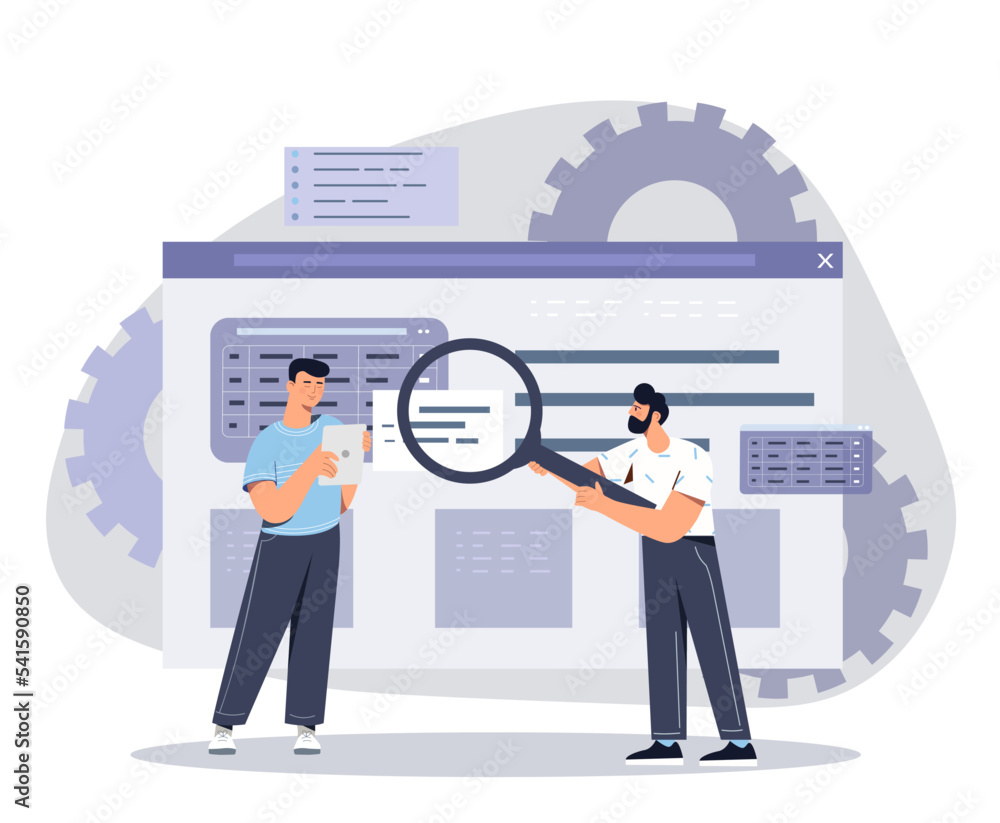 Poster software development concept. two men writing code for website. programmers and it specialists, mode