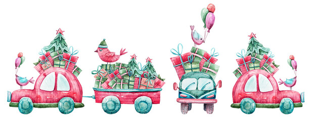 Watercolor cute hand painted Christmas truck and car clipart for greeting cards, poster, prints, sublimation.  Winter illustration on white background. Happy New year. Merry Christmas card