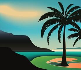 Fototapeta na wymiar An art deco style illustration of a tropical island or coastal travel destination with palm trees and ocean.