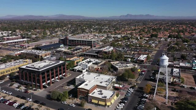 Gilbert, Arizona, USA - January 4, 2022: Sunlight shines on historic downtown Gilbert.