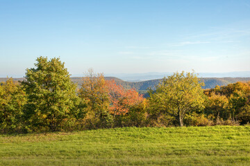 Obraz premium Hilly rural landscape in autumn season.