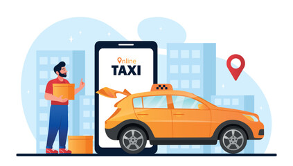 Online taxi ordering. Man puts boxes in yellow car. Moving to another place, tourist and traveler. Convenient service, modern technologies and digital world. Cartoon flat vector illustration