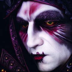 A scary face in bright white and purple makeup. High quality illustration