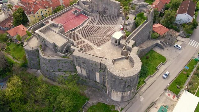 Aerial video of the Kanli Kula Fortress or the bloody tower in the center of Herceg Novi, a coastal city at the entrance to the Boka Kotor Bay. Travel destinations of Montenegro