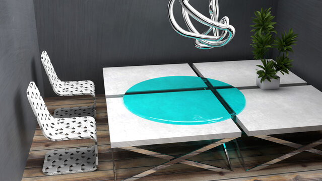 Modern Dining Table On Chrome Legs With 3D Printed Chairs And Modern Light Fixture In Dark Room