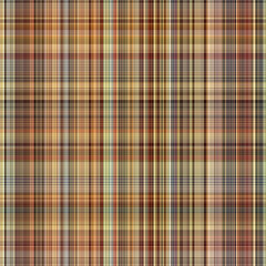 Woodland brown tartan seamless pattern textile. Tonal autumnal forest plaid with organic texture. Background of orange stripe for rough wallpaper. 