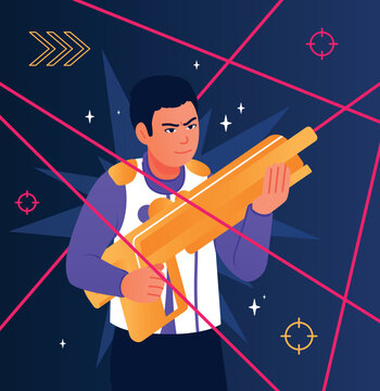Laser tag concept. Man having fun with blaster, games and entertainment place. Poster or banner for website. Active hobby and leisure. Fantasy and imagination. Cartoon flat vector illustration