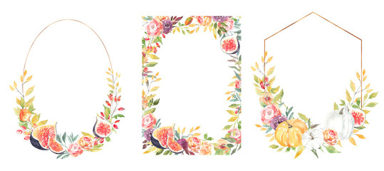 Watercolor pumpkin autumn frame, border, wreath, banner, bouquet, gold,bronze frame, polygonal geometry arrangement. Fall wedding stationery, invitation card, suite, rsvp ,greeting card diy set