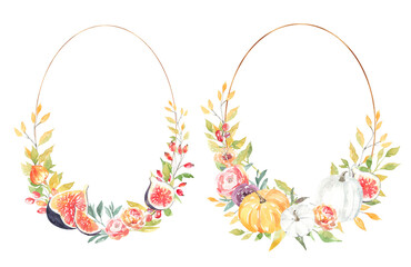 Watercolor pumpkin autumn frame, oval, round,circle, border, wreath, banner, bouquet, gold,bronze frame, arrangement. Fall wedding stationery, invitation card, suite, rsvp ,greeting card diy set