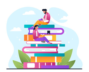 Huge stack of books. Love for literature, education and training, selfdevelopment. Design for greeting postcard for September 1, international day of knowledge. Cartoon flat vector illustration