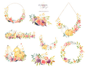 Watercolor pumpkin autumn frame, border, wreath, banner, bouquet, gold,bronze frame, polygonal geometry arrangement. Fall wedding stationery, invitation card, suite, rsvp ,greeting card diy set