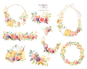 Watercolor pumpkin autumn frame, border, wreath, banner, bouquet, gold,bronze frame, polygonal geometry arrangement. Fall wedding stationery, invitation card, suite, rsvp ,greeting card diy set