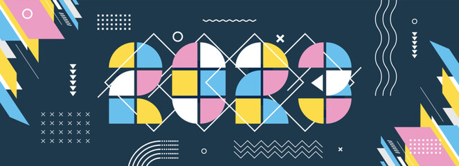 new year 2023 cover with modern abstract geometric design and background in retro style. new year greeting card banner for 2023 typography and resolution. Colorful circles Vector illustration.