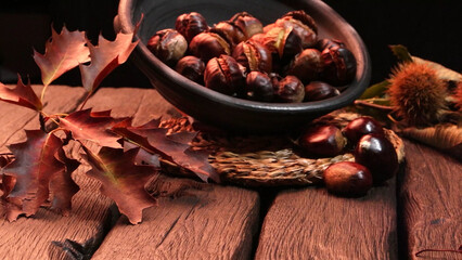 Roasted chestnuts and leaves