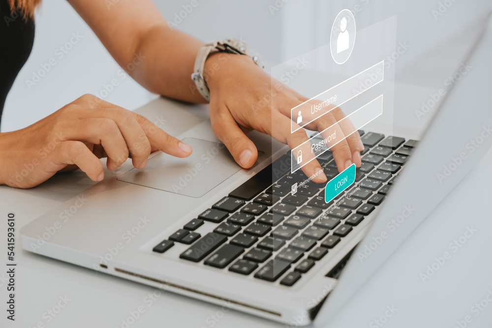 Poster woman hand typing on keyboard with login and password on screen display, cyber security concept, dat